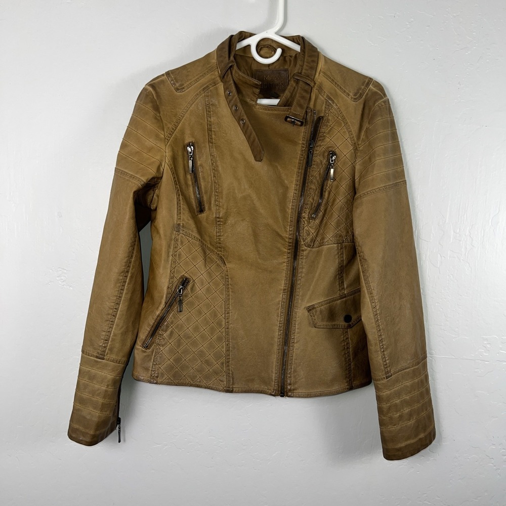 Max Edition Women's Large Motorcycle Biker Jacket Cross Zip Brown Faux Leather❤️